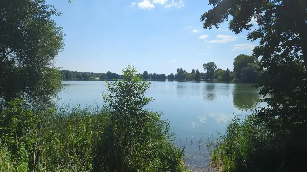 Spokojne jezioro Małe Żnińskie otoczone zielenią, z błękitnym niebem i białymi chmurami odbijającymi się w wodzie.