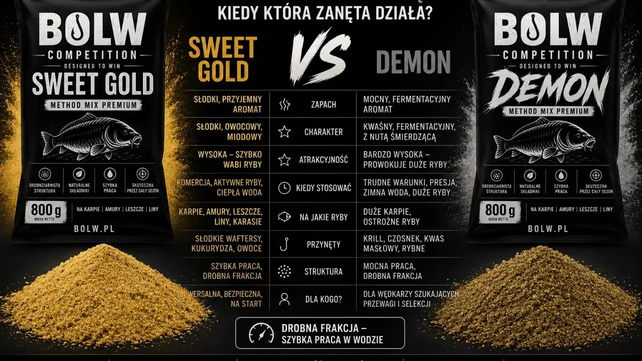 Spodnie wędkarskie ogrodniczki z zanętą BOLW Sweet Gold i Demon. Idealne dla wędkarzy szukających przewagi.