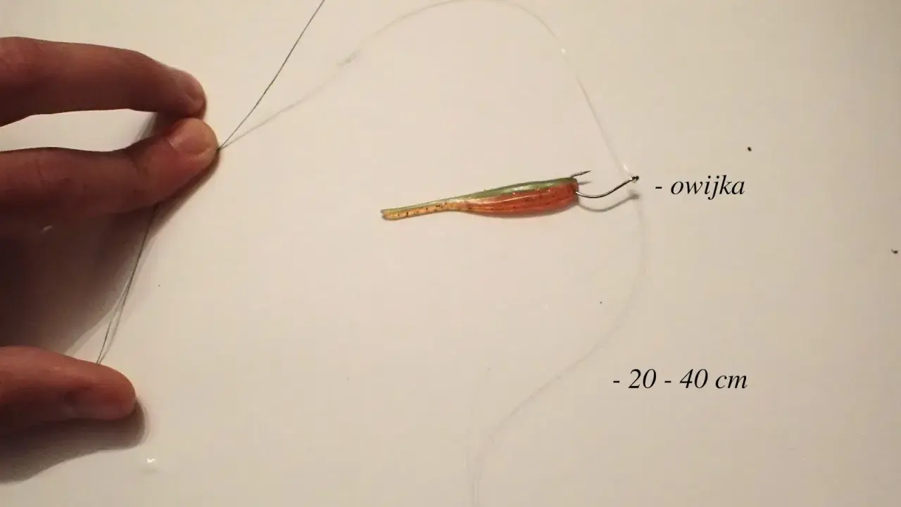Jak zrobić zestaw drop shot: pokazano wędkę z przynętą, haczyk z owijką i ciężarek.