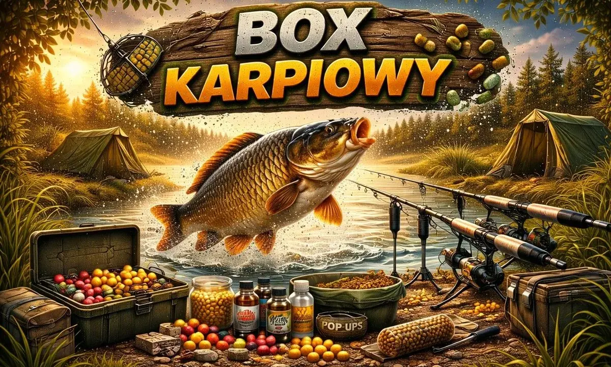 Wielki karp wyskakuje z wody obok otwartego boxu wędkarskiego pełnego przynęt. W tle namioty i wędki.