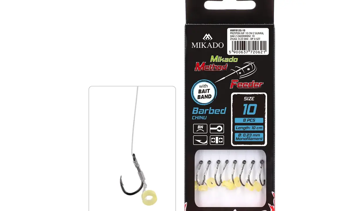 Zestaw haczyków z gumkami do przynęt Mikado Method Feeder. Rozmiar 10, 8 sztuk.