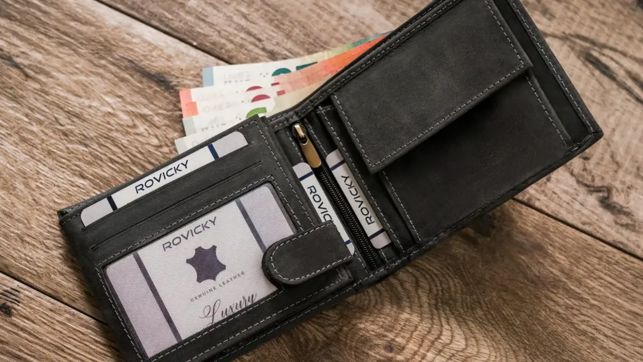 Ciemnoszary portfel wędkarski z miejscem na karty i banknoty, wykonany z prawdziwej skóry.