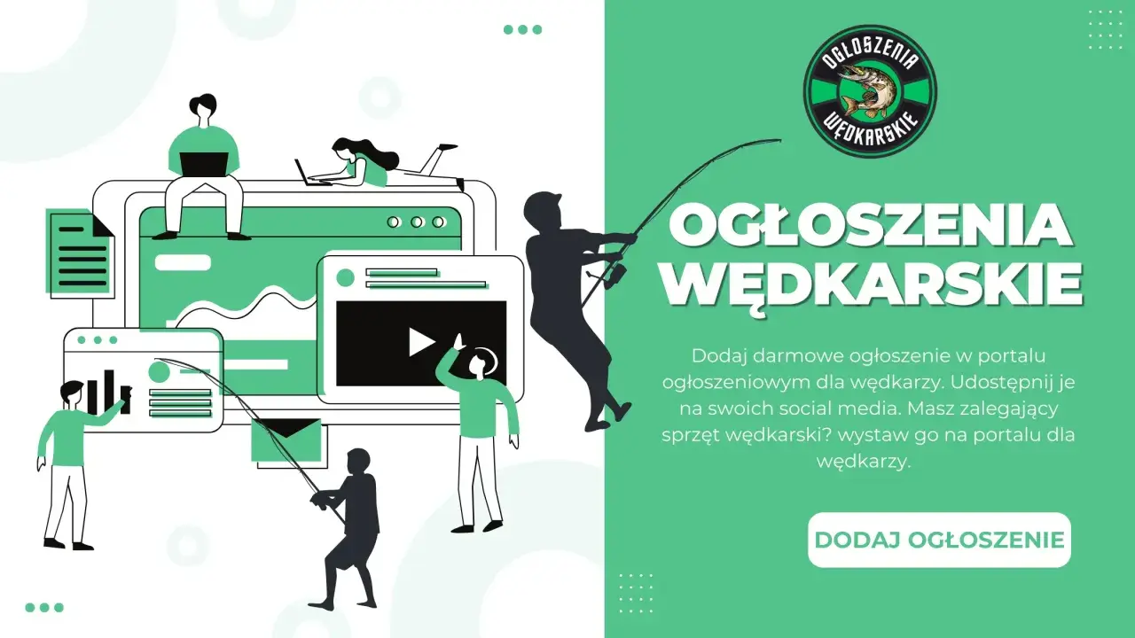 Grafika promuje promocje wędkarskie. Ludzie korzystają z komputerów i telefonów, tworząc ogłoszenia dla wędkarzy.