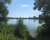 Spokojne jezioro Małe Żnińskie otoczone zielenią, z błękitnym niebem i białymi chmurami odbijającymi się w wodzie.