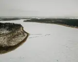 Zimowy krajobraz jeziora Tyrkło. Lód pokrywa taflę, a brzeg otacza las.