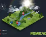 Trójwymiarowa mapa z zaznaczonymi punktami A i B na tle słonecznego krajobrazu z samolotem. To wizualizacja dla rogoźnik zalew.
