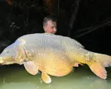 Ogromny karp, prawdopodobnie rekord Polski, w rękach wędkarza w wodzie.