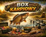 Wielki karp wyskakuje z wody obok otwartego boxu wędkarskiego pełnego przynęt. W tle namioty i wędki.