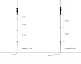 Dwa zestawy wędkarskie z obciążeniem i przyponem. Po lewej przypon 15 cm, po prawej 25 cm. Spławik na górze.