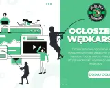 Grafika promuje promocje wędkarskie. Ludzie korzystają z komputerów i telefonów, tworząc ogłoszenia dla wędkarzy.