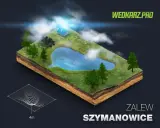 Izometryczny przekrój terenu z jeziorem, domkiem i drzewami. Pod spodem mapa batymetryczna. Zalew Szymanowice.