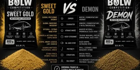 Spodnie wędkarskie ogrodniczki z zanętą BOLW Sweet Gold i Demon. Idealne dla wędkarzy szukających przewagi.