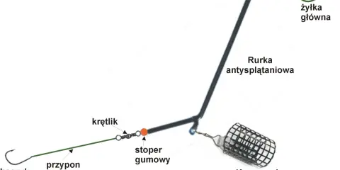 Schemat zestawu na grunt z ciężarkiem: żyłka główna, rurka antysplątaniowa, krętlik, stoper gumowy, przypon i haczyk.