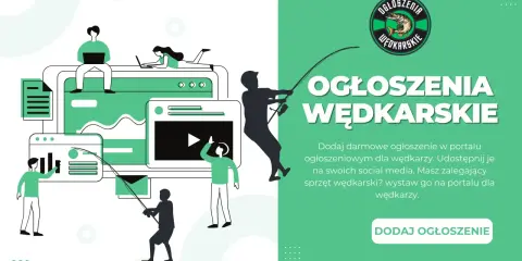 Grafika promuje promocje wędkarskie. Ludzie korzystają z komputerów i telefonów, tworząc ogłoszenia dla wędkarzy.