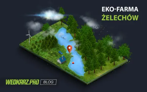Eko-farma Żelechów: malownicze łowisko z domkiem, samochodem, wiatrakiem i łososiem w wodzie. Idealne miejsce na relaks.