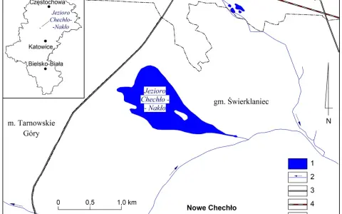 Mapa przedstawia Jezioro Chechło-Nakło, otoczone przez miejscowości takie jak Tarnowskie Góry, Lasowice i Nowe Chechło.