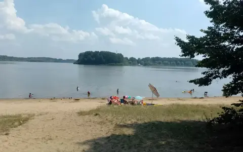 Słoneczny dzień nad jeziorem przeczyckim. Ludzie odpoczywają na piaszczystej plaży, kąpią się i pływają.