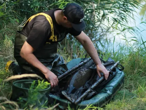 Wędkarz w wodoodpornych spodniach i kamizelce z żółtymi szelkami ostrożnie wyciąga karpia z siatki. Obok leżą worki karpiowe.