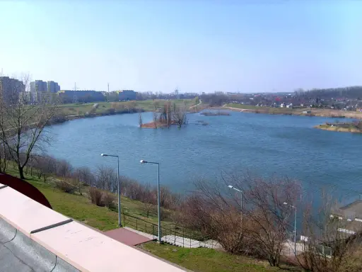 Spokojne jezioro Zatorze otoczone zielenią i zabudowaniami miejskimi. Na wodzie mała wyspa z drzewami.