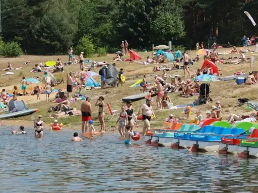 Tłumy ludzi wypoczywają na plaży nad jeziorem Chechło. Woda jest pełna kąpiących się, a na brzegu opalają się plażowicze.