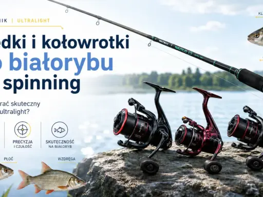 Jaka wędka na spinning? Poradnik ultralight o wędkach i kołowrotkach do białorybu. Zestaw z kołowrotkami i wędką na tle jeziora.