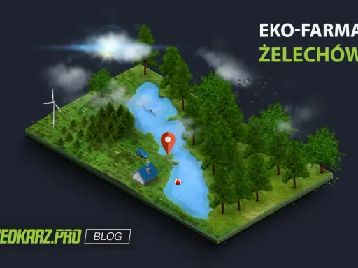 Eko-farma Żelechów: malownicze łowisko z domkiem, samochodem, wiatrakiem i łososiem w wodzie. Idealne miejsce na relaks.