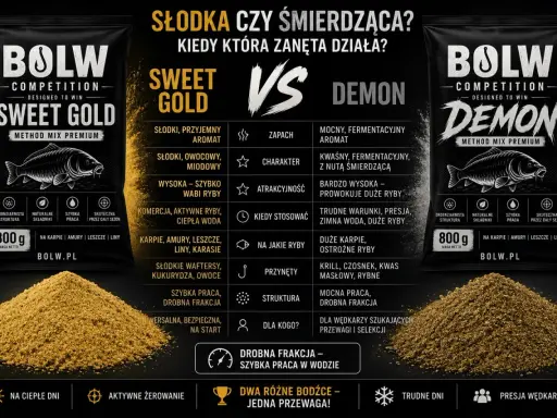 Spodnie wędkarskie ogrodniczki z zanętą BOLW Sweet Gold i Demon. Idealne dla wędkarzy szukających przewagi.