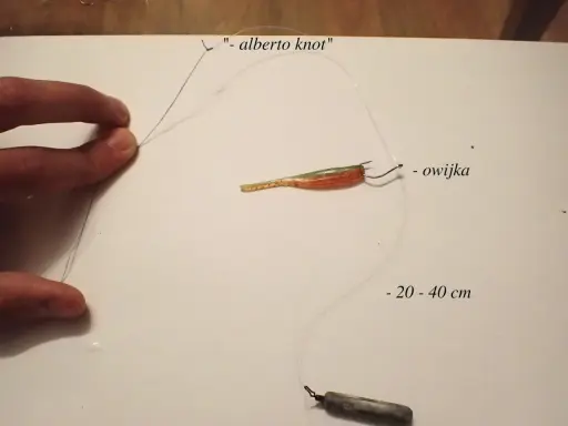 Jak zrobić zestaw drop shot: pokazano wędkę z przynętą, haczyk z owijką i ciężarek.