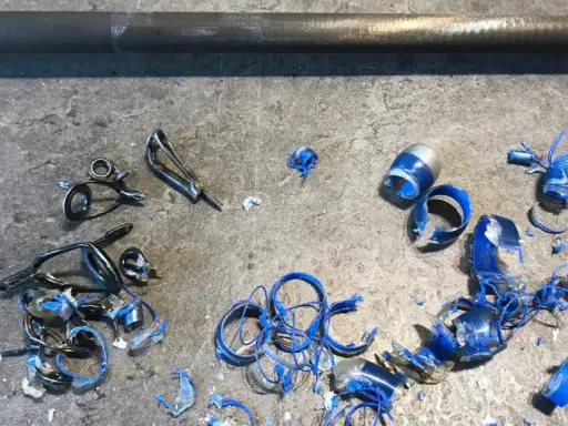 Metalowe przelotki do wędki leżą na szarym blacie, obok niebieskich wiórów i kawałków plastiku.