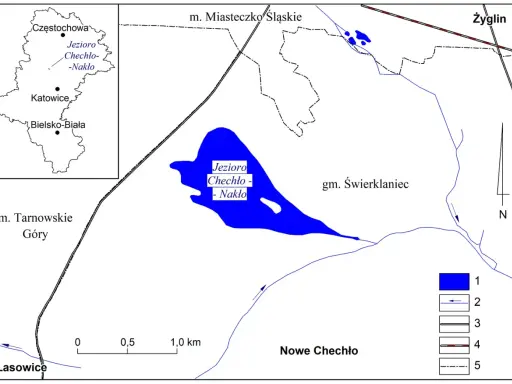 Mapa przedstawia Jezioro Chechło-Nakło, otoczone przez miejscowości takie jak Tarnowskie Góry, Lasowice i Nowe Chechło.