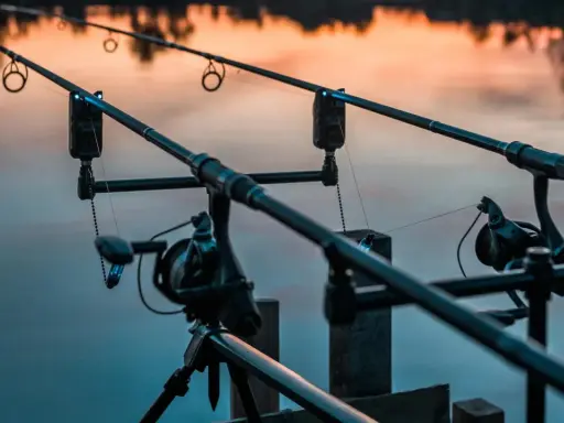 Dwa wędki feederowe ustawione nad wodą o zachodzie słońca. Podpórka feeder stabilnie trzyma sprzęt, gotowy na branie.