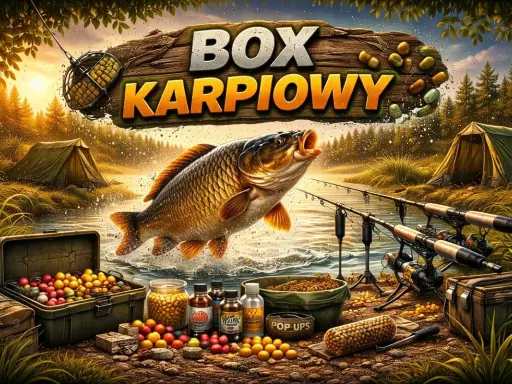Wielki karp wyskakuje z wody obok otwartego boxu wędkarskiego pełnego przynęt. W tle namioty i wędki.