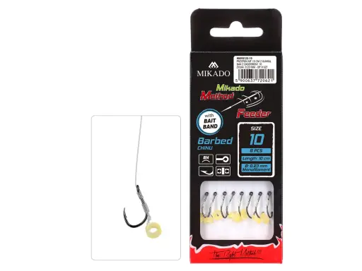 Zestaw haczyków z gumkami do przynęt Mikado Method Feeder. Rozmiar 10, 8 sztuk.