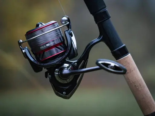 Czarne, nowoczesne detale budowy kołowrotka wędkarskiego Daiwa Ninja LT 4000-C z szarą żyłką i korkową rękojeścią.