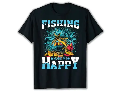 Czarna koszulka z nadrukiem wedkarskim: kolorowe ryby w wodzie i napis "FISHING MAKE ME HAPPY".