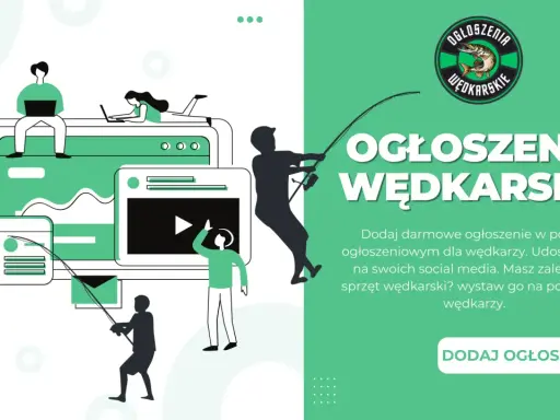 Grafika promuje promocje wędkarskie. Ludzie korzystają z komputerów i telefonów, tworząc ogłoszenia dla wędkarzy.