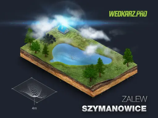 Izometryczny przekrój terenu z jeziorem, domkiem i drzewami. Pod spodem mapa batymetryczna. Zalew Szymanowice.