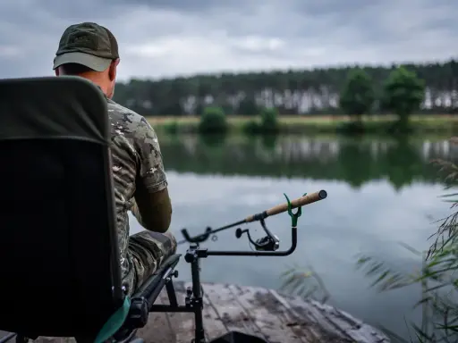 Wędkarz w kamuflażu siedzi na krześle nad jeziorem, gotowy do łowienia. Jego wędka feeder 3m spoczywa na podpórce, czekając na branie.