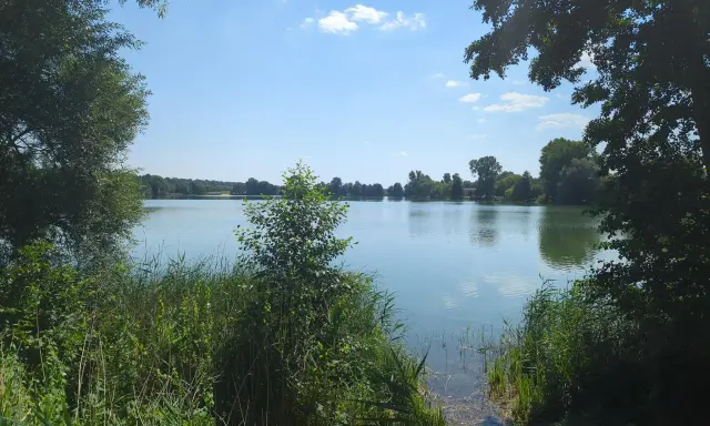 Spokojne jezioro Małe Żnińskie otoczone zielenią, z błękitnym niebem i białymi chmurami odbijającymi się w wodzie.