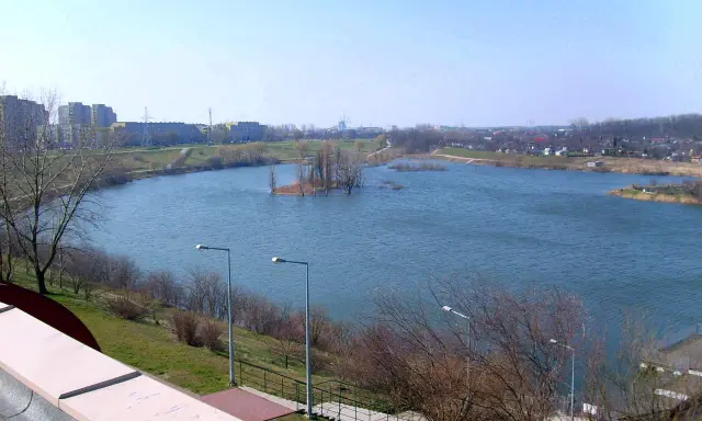 Spokojne jezioro Zatorze otoczone zielenią i zabudowaniami miejskimi. Na wodzie mała wyspa z drzewami.
