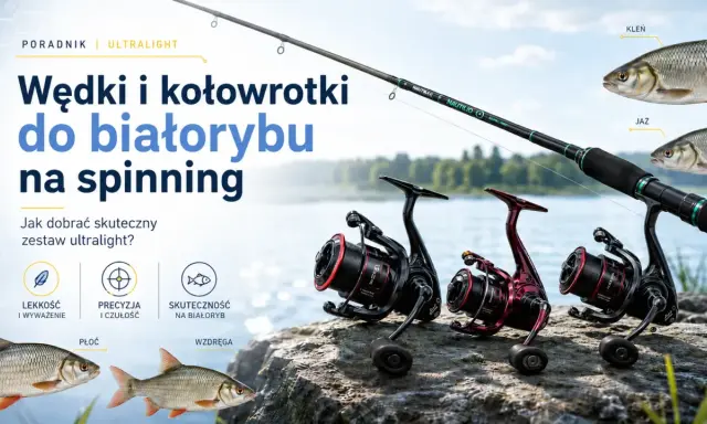 Jaka wędka na spinning? Poradnik ultralight o wędkach i kołowrotkach do białorybu. Zestaw z kołowrotkami i wędką na tle jeziora.