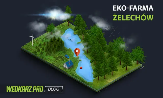Eko-farma Żelechów: malownicze łowisko z domkiem, samochodem, wiatrakiem i łososiem w wodzie. Idealne miejsce na relaks.