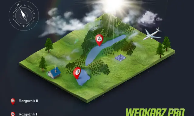 Trójwymiarowa mapa z zaznaczonymi punktami A i B na tle słonecznego krajobrazu z samolotem. To wizualizacja dla rogoźnik zalew.