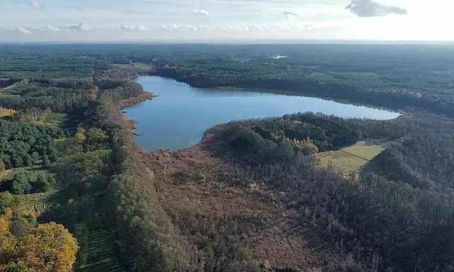Malownicze jezioro Wolickie otoczone lasami i polami. Spokojna tafla wody odbija błękitne niebo z chmurami.