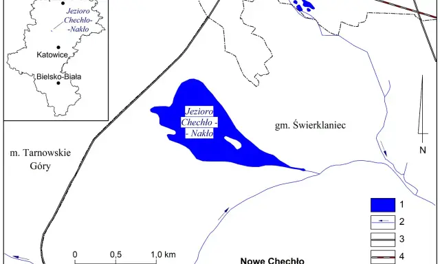 Mapa przedstawia Jezioro Chechło-Nakło, otoczone przez miejscowości takie jak Tarnowskie Góry, Lasowice i Nowe Chechło.