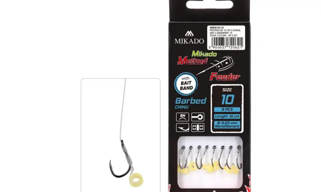 Zestaw haczyków z gumkami do przynęt Mikado Method Feeder. Rozmiar 10, 8 sztuk.