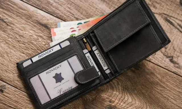 Ciemnoszary portfel wędkarski z miejscem na karty i banknoty, wykonany z prawdziwej skóry.
