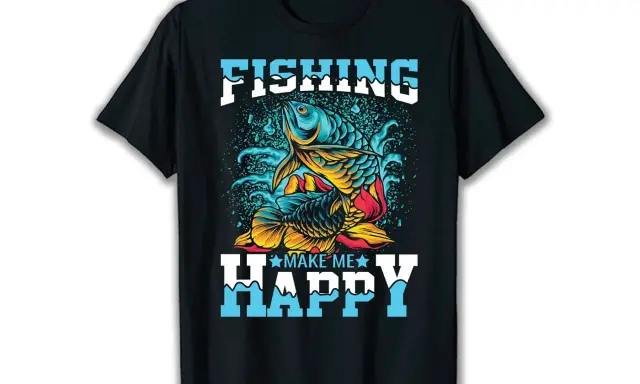 Czarna koszulka z nadrukiem wedkarskim: kolorowe ryby w wodzie i napis "FISHING MAKE ME HAPPY".