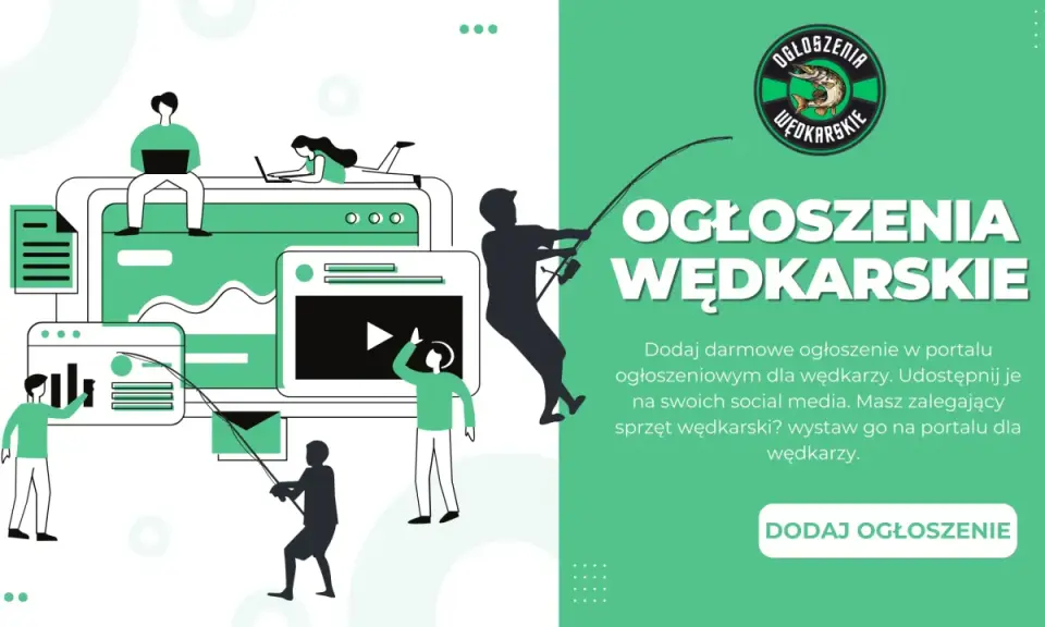 Grafika promuje promocje wędkarskie. Ludzie korzystają z komputerów i telefonów, tworząc ogłoszenia dla wędkarzy.