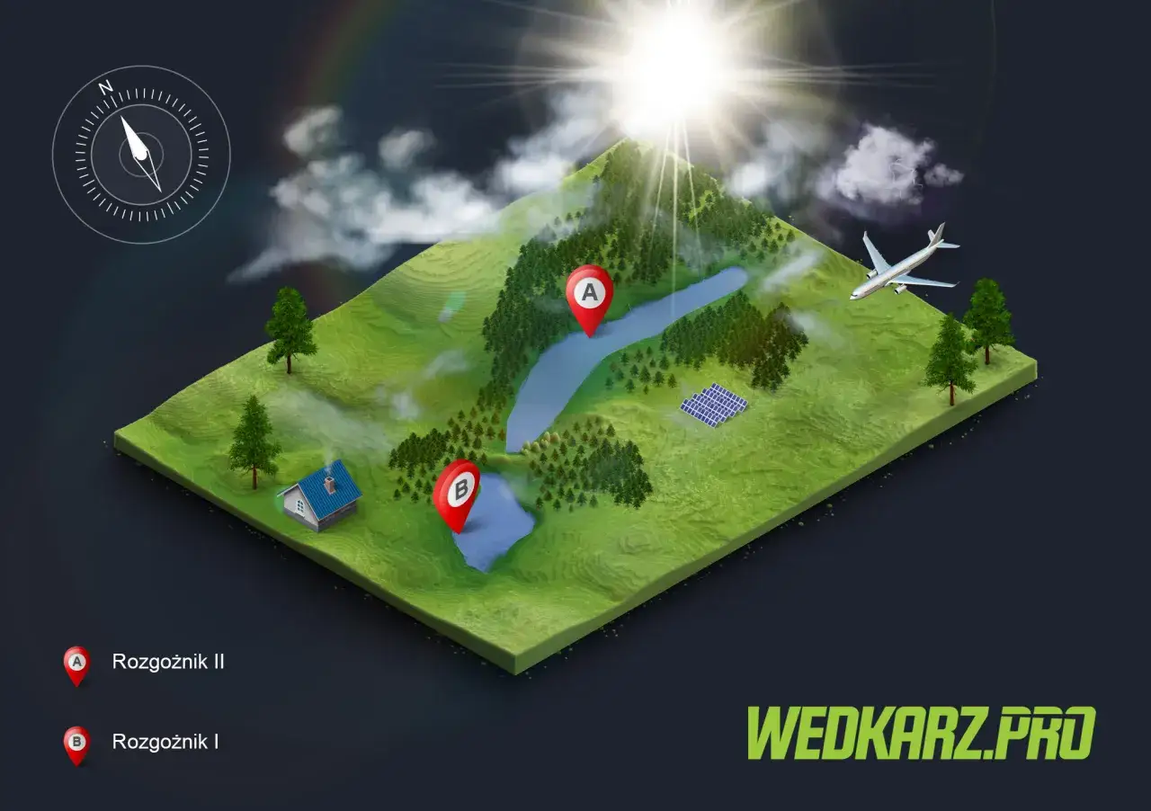 Trójwymiarowy widok krajobrazu z zaznaczonymi punktami A i B na jeziorze Rogoźnik. W tle samolot i słońce.